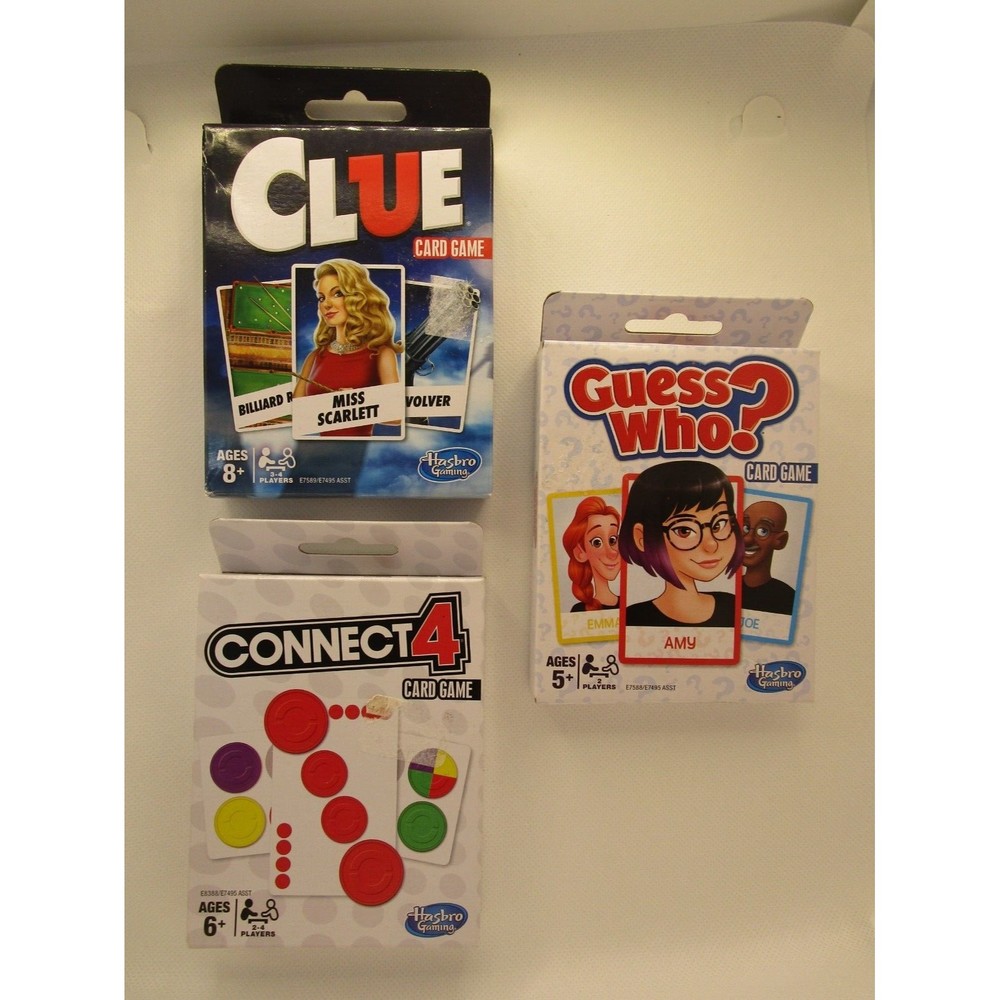 NEW Lot of 3 Card Games Connect 4, Clue and Guess Who  HASBRO - HOLIDAY GIFT
